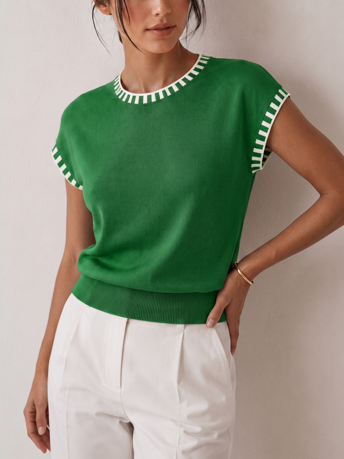 Contrast Trim Cap Sleeve Knit Top
