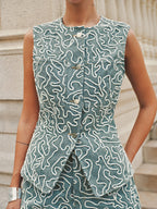 Cord Embroidery Sleeveless Denim Vest