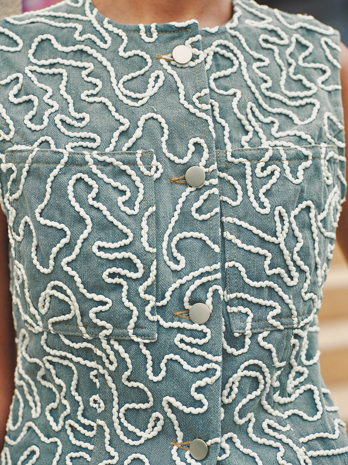 Cord Embroidery Sleeveless Denim Vest