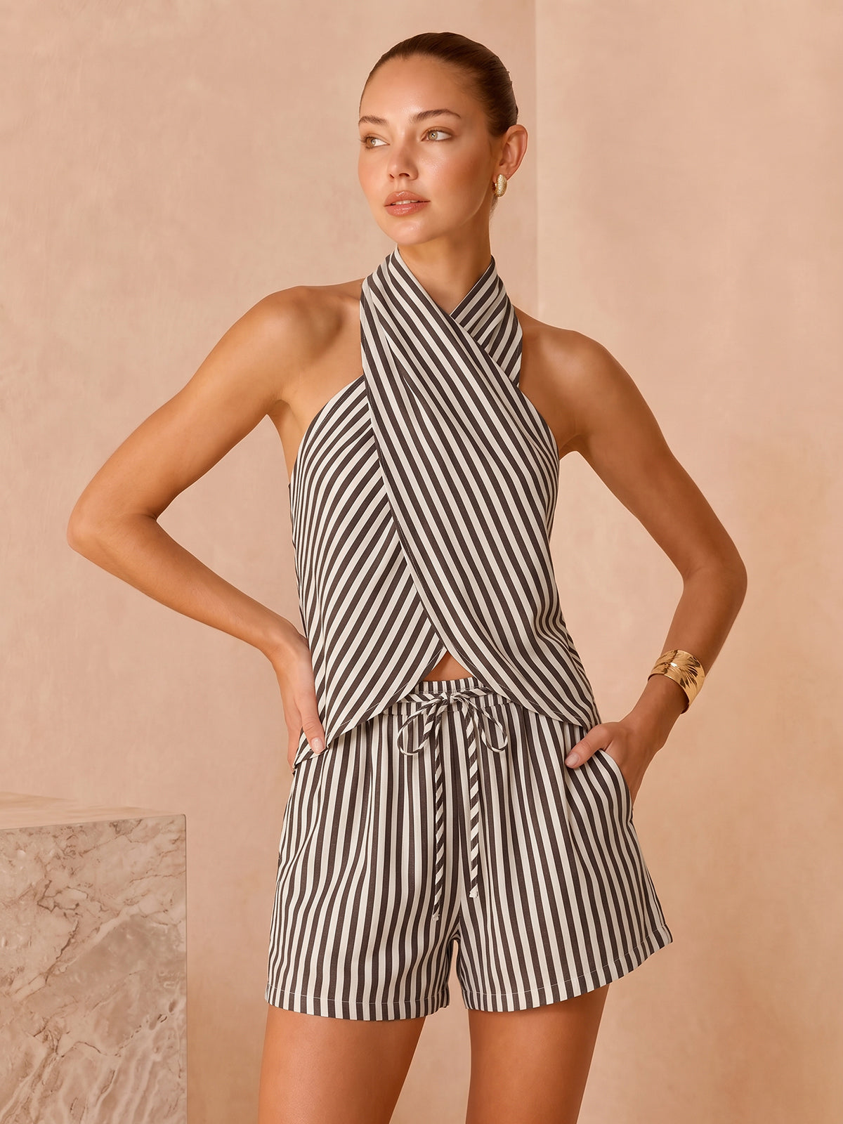 Striped Halter Top & Drawstring Shorts Set