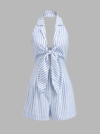 Halter Tie Front Striped Romper