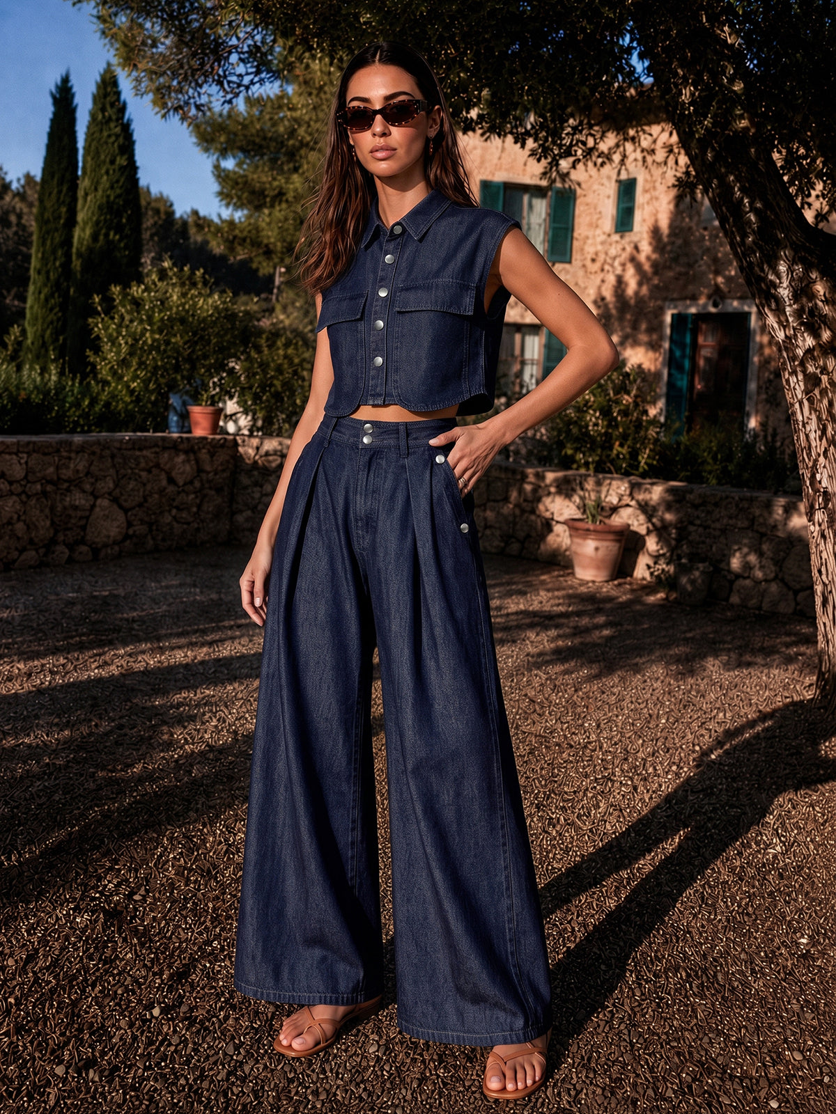 Sleeveless Crop Denim Top & Pleated Pants Set