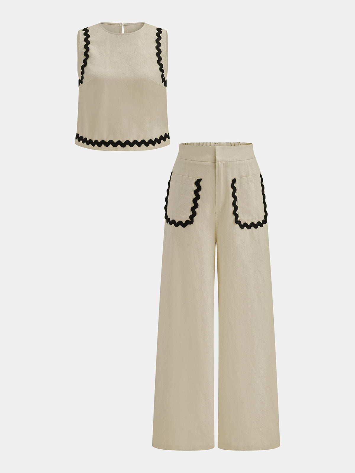 Cotton Linen Scallop Trim Two Piece Pants Set