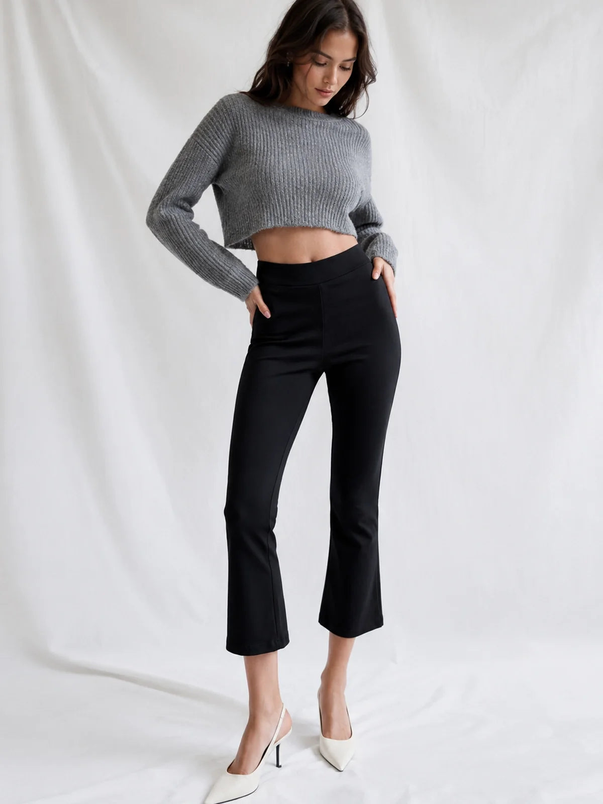Stretchy Mid Waist Flared Capri Pants