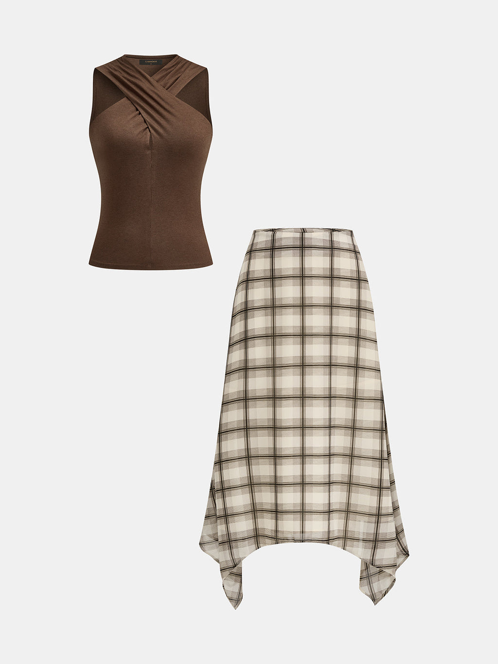 Cross Neck Tank Top & Irregular Plaid Skirt Set