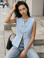 Metal Detail Tweed Casual Vest