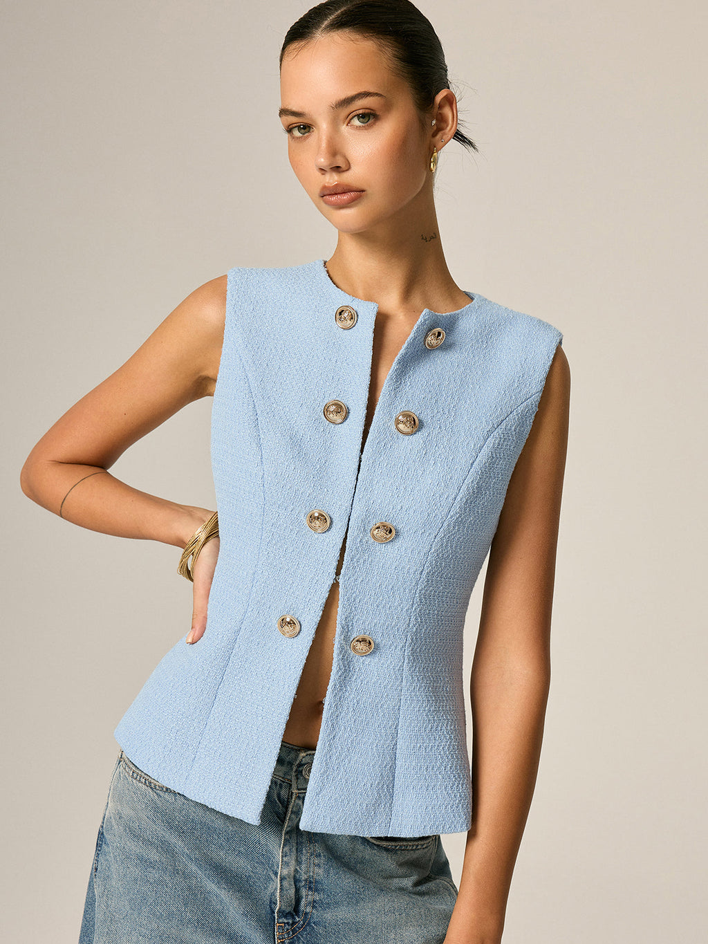 Metal Detail Tweed Casual Vest