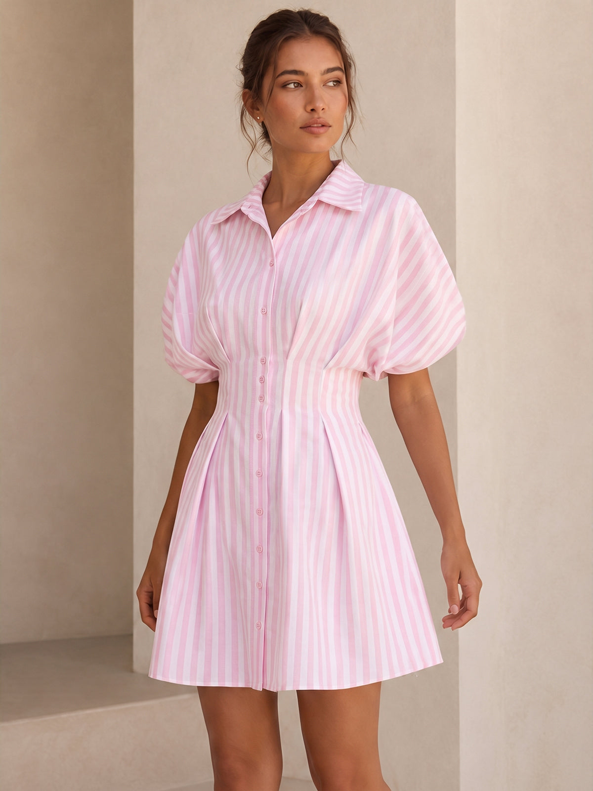 Striped Cinched Waist Shirt Dress
