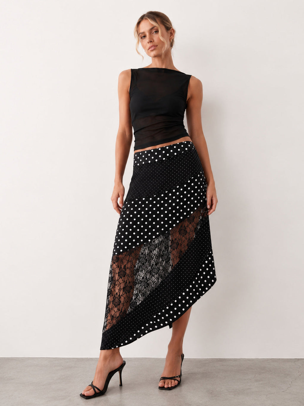 Polka Dot Lace Patchwork Asymmetric Midi Skirt