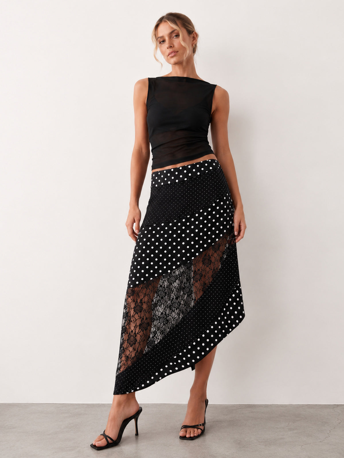 Polka Dot Lace Patchwork Asymmetric Midi Skirt