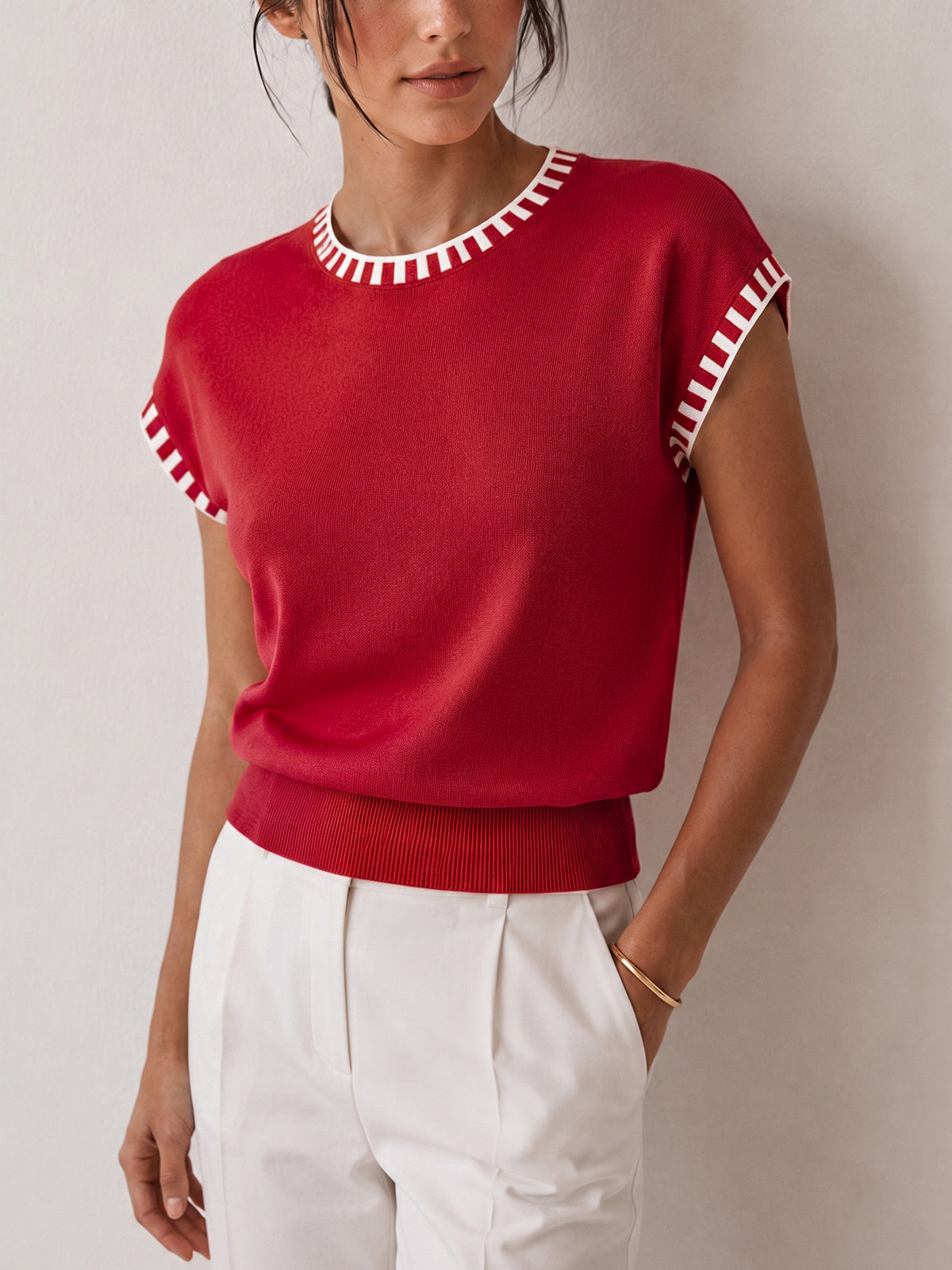 Contrast Trim Cap Sleeve Knit Top