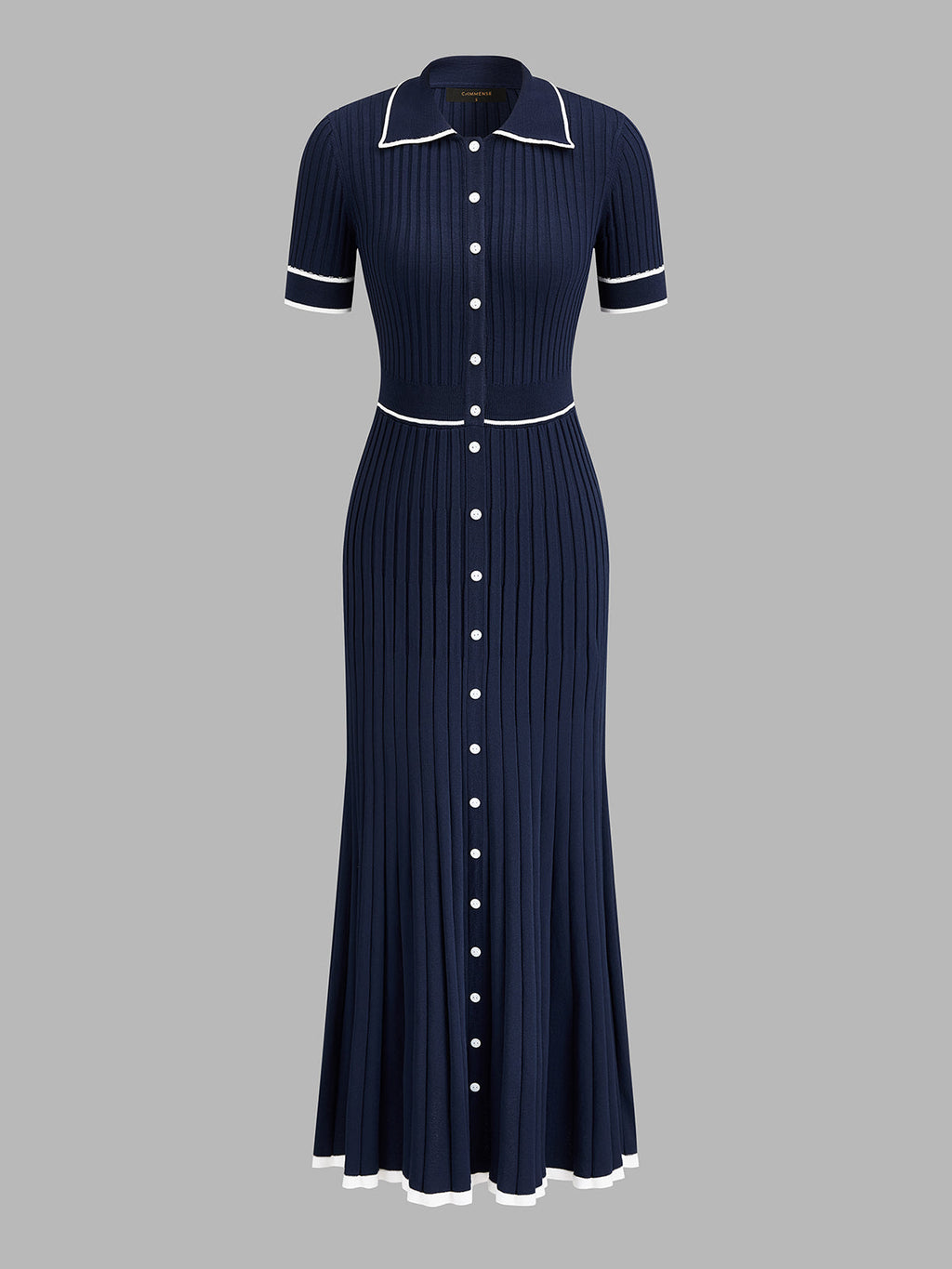 Contrast Piping Collared Rib Knit Midi Dress