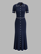 Contrast Piping Collared Rib Knit Midi Dress