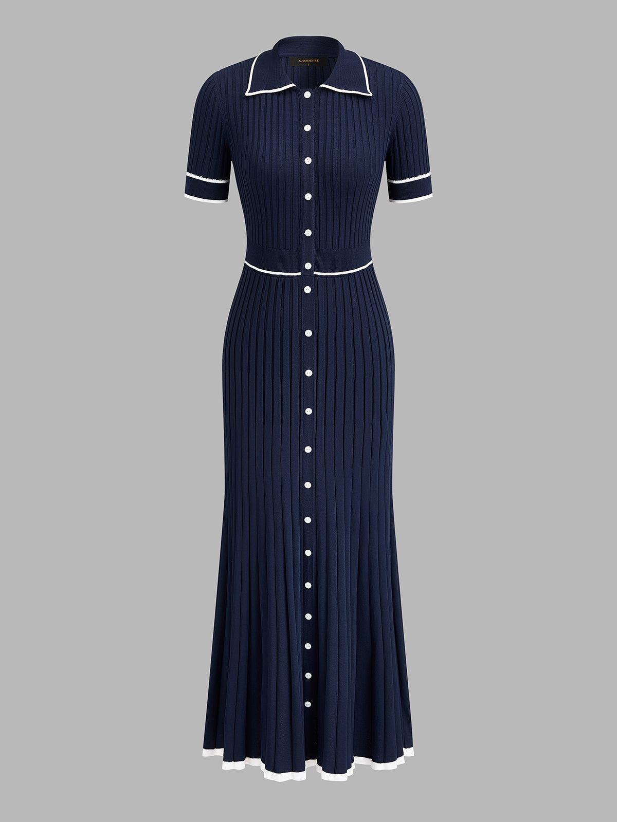Contrast Piping Collared Rib Knit Midi Dress