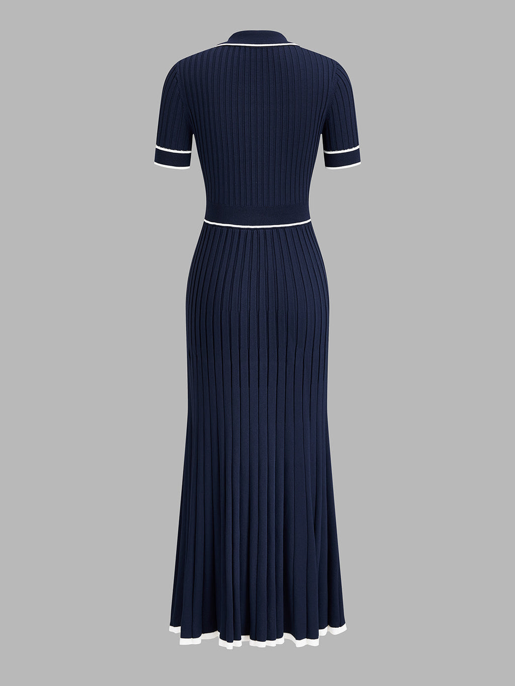 Contrast Piping Collared Rib Knit Midi Dress