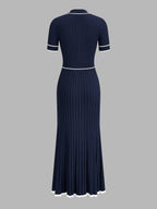 Contrast Piping Collared Rib Knit Midi Dress