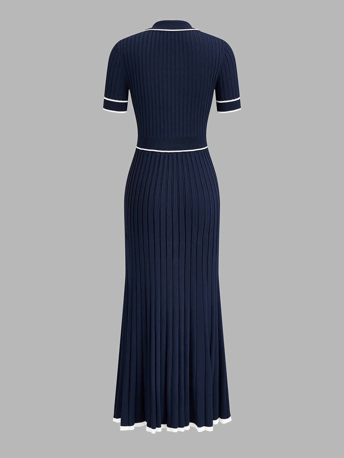 Contrast Piping Collared Rib Knit Midi Dress