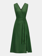 Wrap Tie Sleeveless Cotton Linen Midi Dress