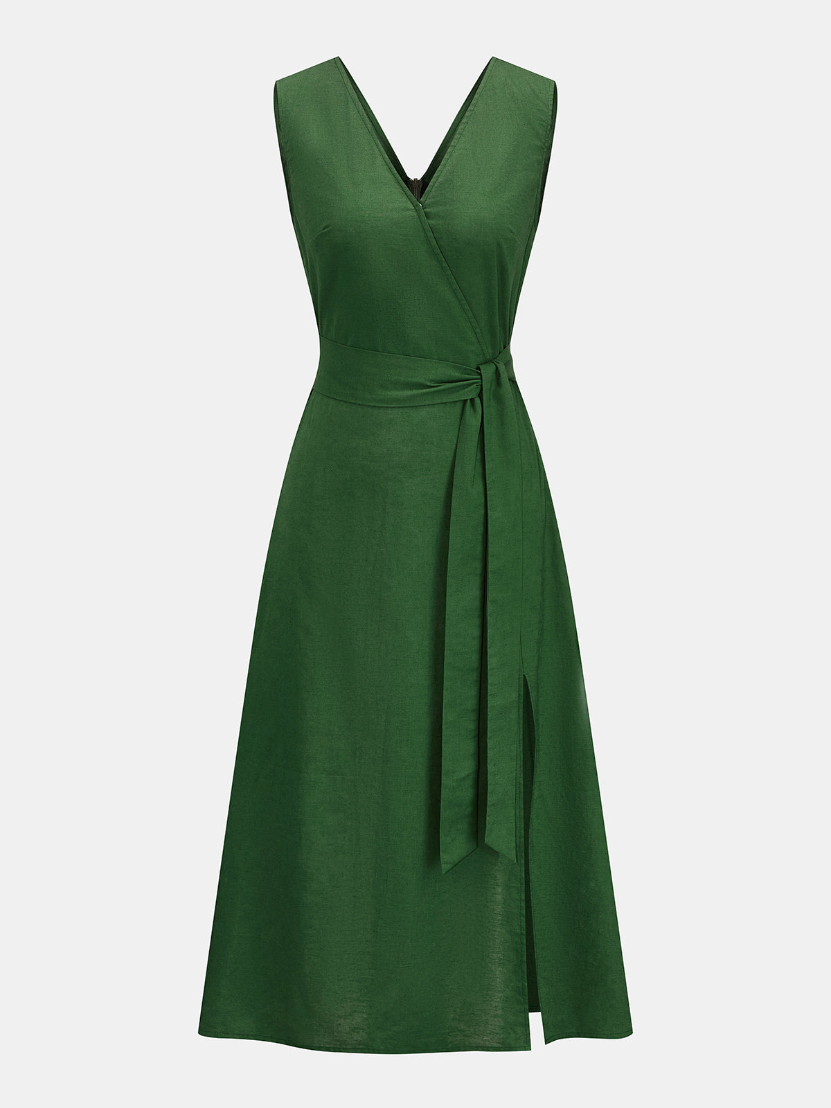 Wrap Tie Sleeveless Cotton Linen Midi Dress