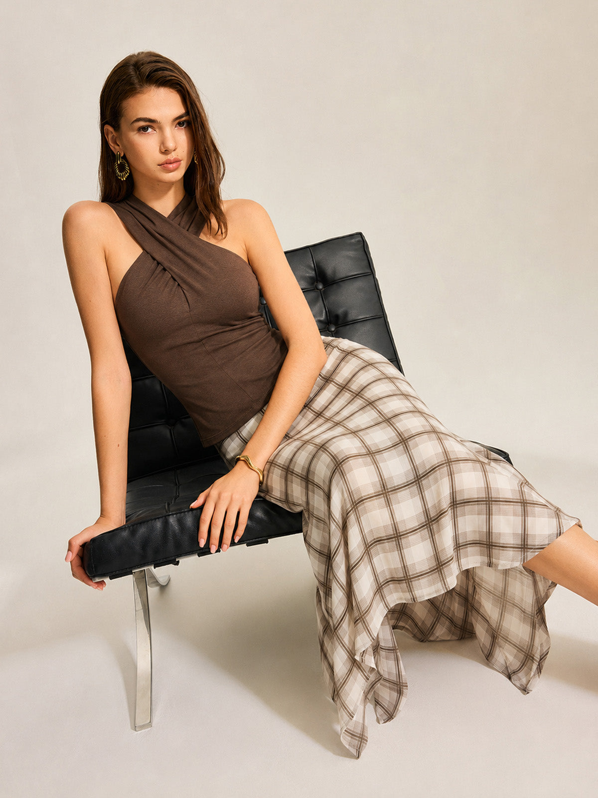 Cross Neck Tank Top & Irregular Plaid Skirt Set