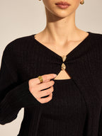 Metal Buckle Knit Cardigan Cami Two Piece Set