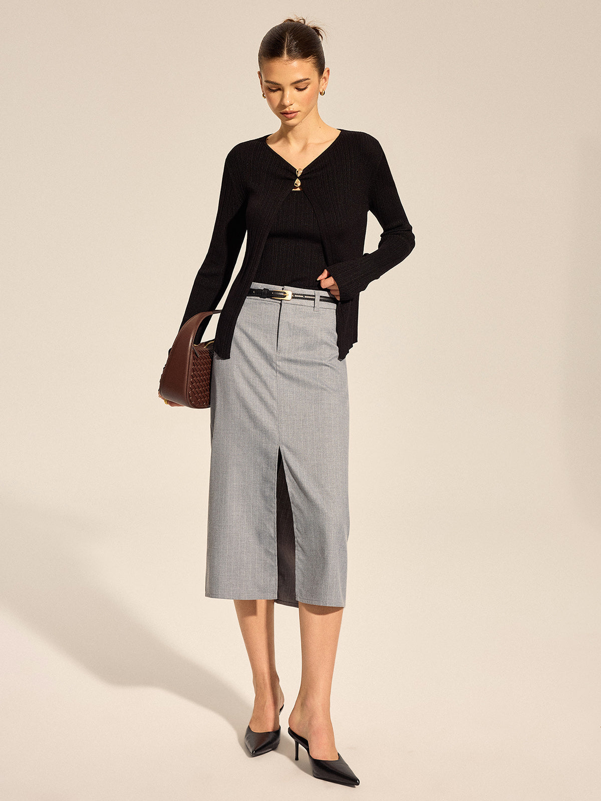 Metal Buckle Knit Cardigan Cami Two Piece Set