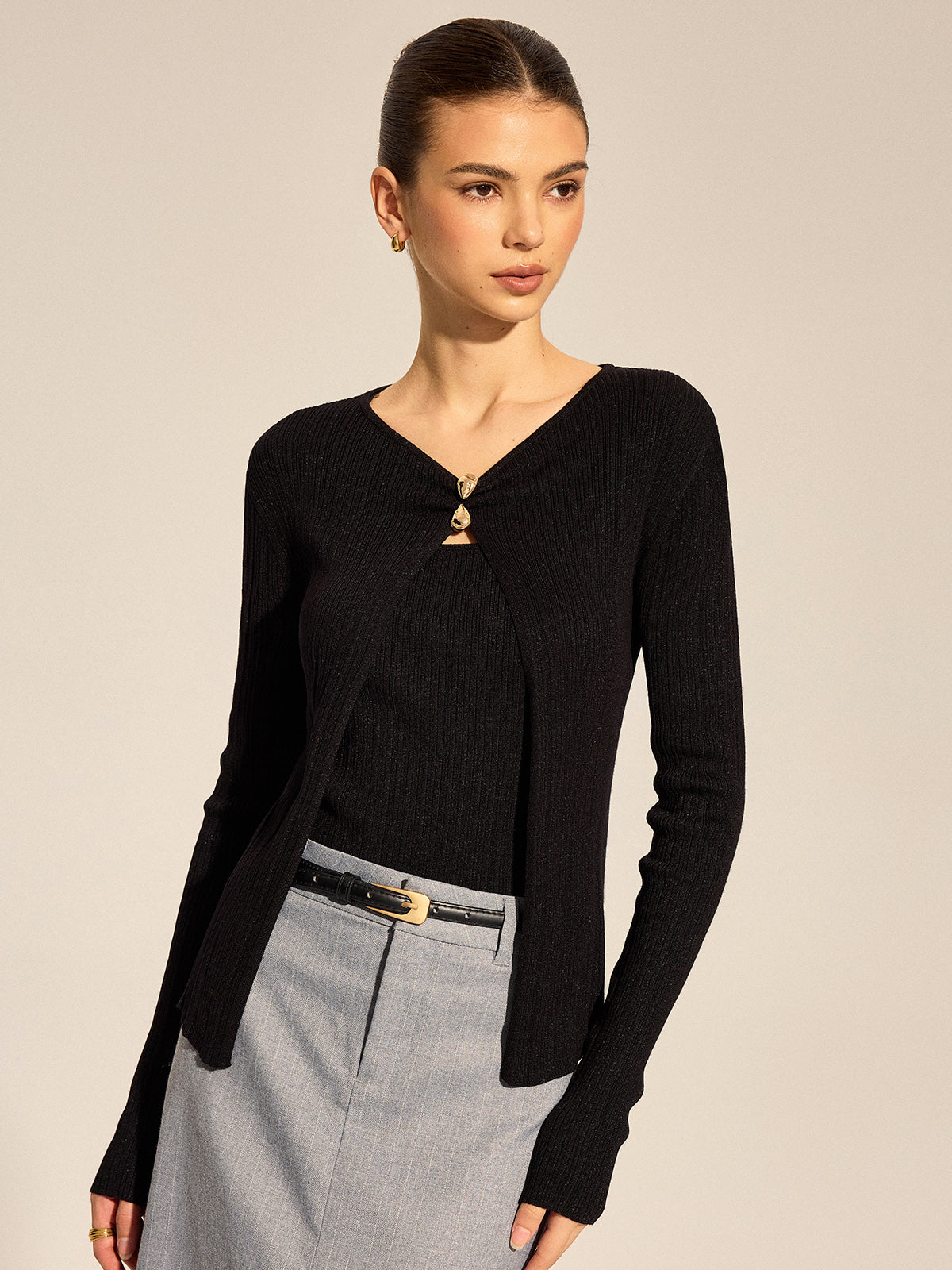 Metal Buckle Knit Cardigan Cami Two Piece Set