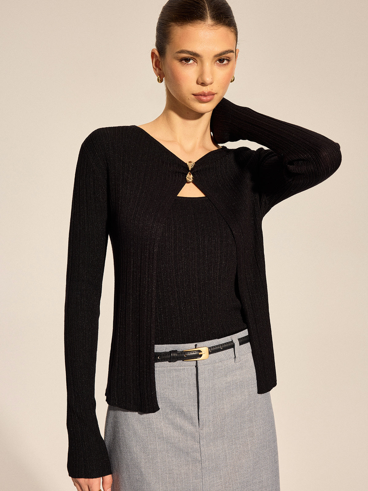 Metal Buckle Knit Cardigan Cami Two Piece Set
