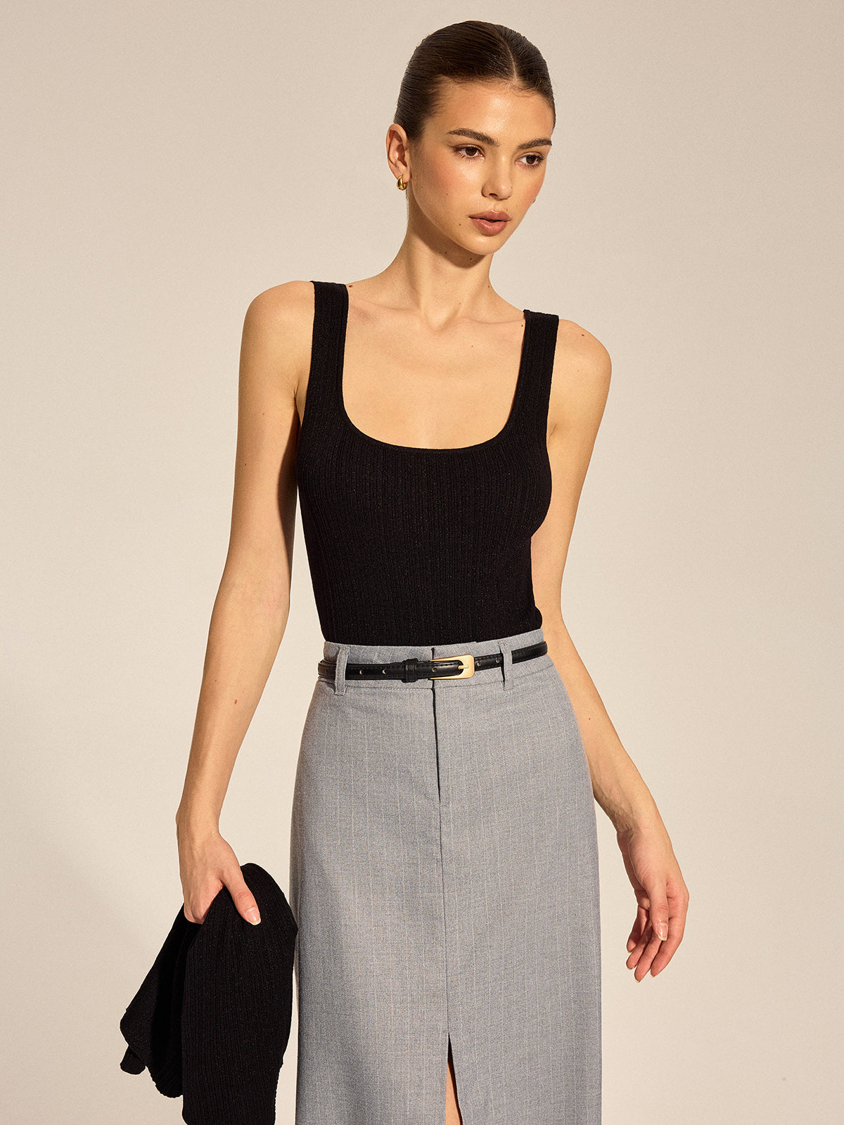 Metal Buckle Knit Cardigan Cami Two Piece Set