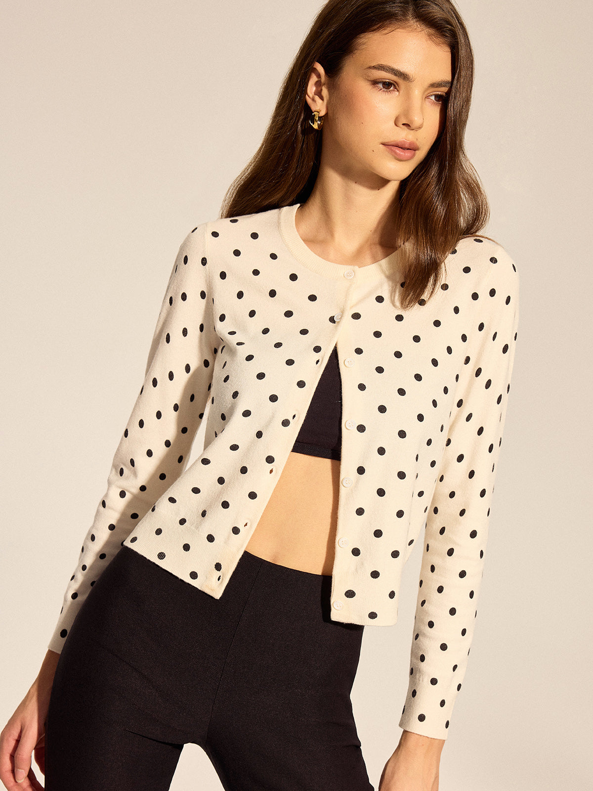 Polka Dot Button-Front Knit Cardigan