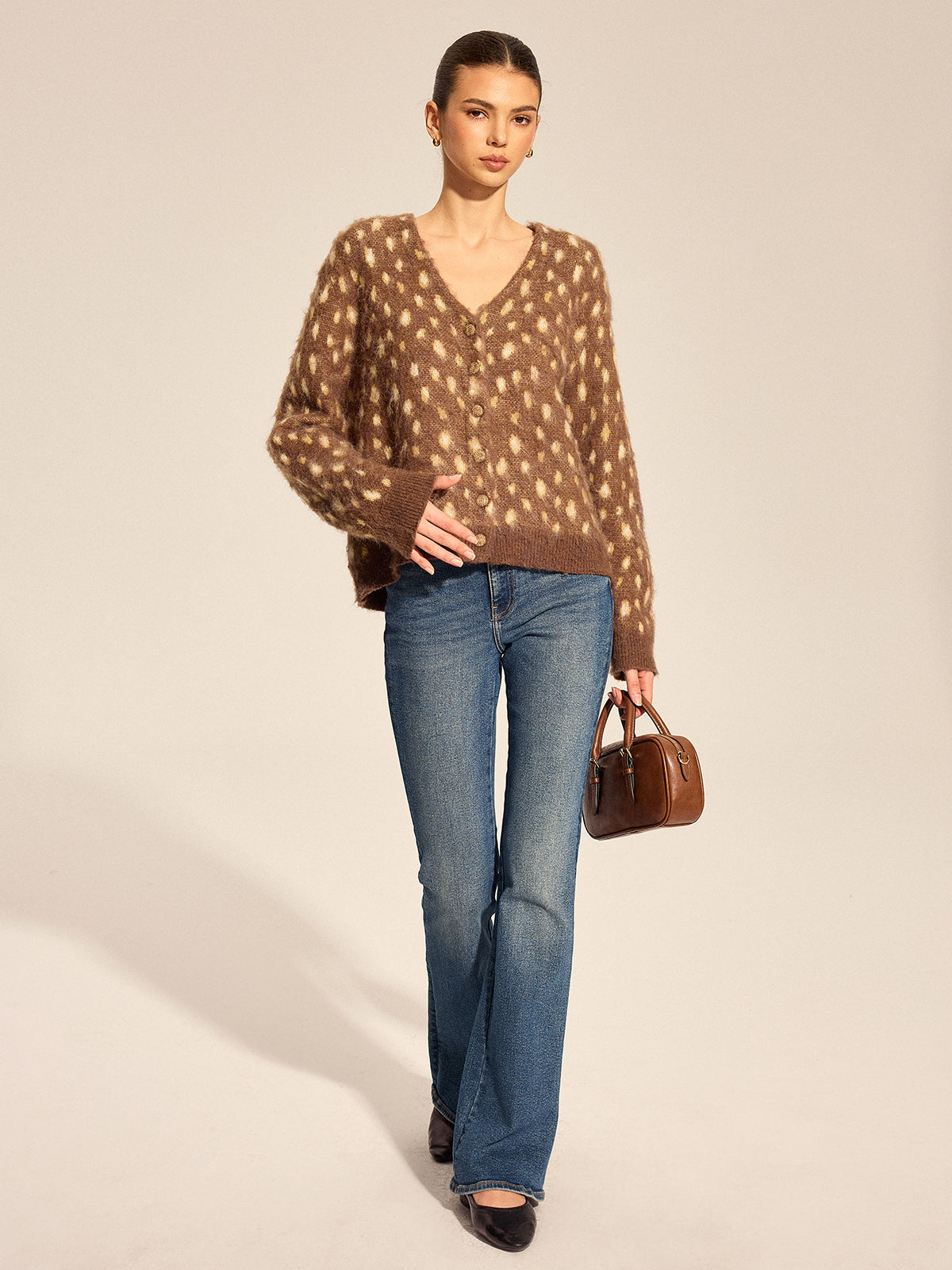 V Neck Spotted Fluffy Knit Cardigan