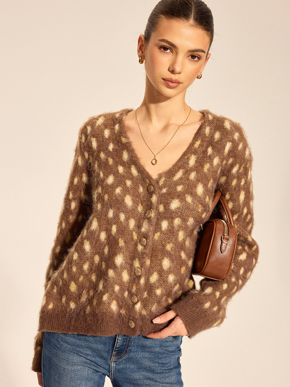 V Neck Spotted Fluffy Knit Cardigan