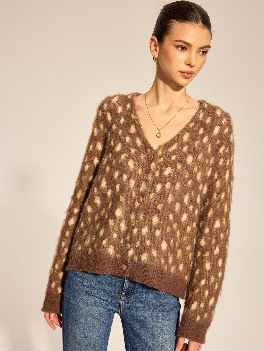 V Neck Spotted Fluffy Knit Cardigan