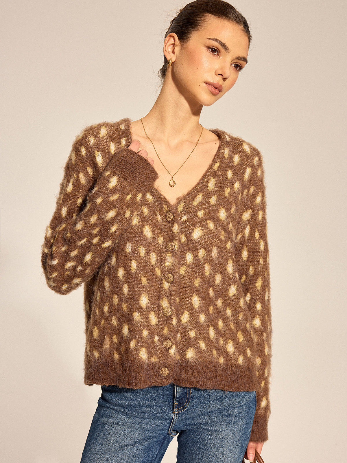 V Neck Spotted Fluffy Knit Cardigan