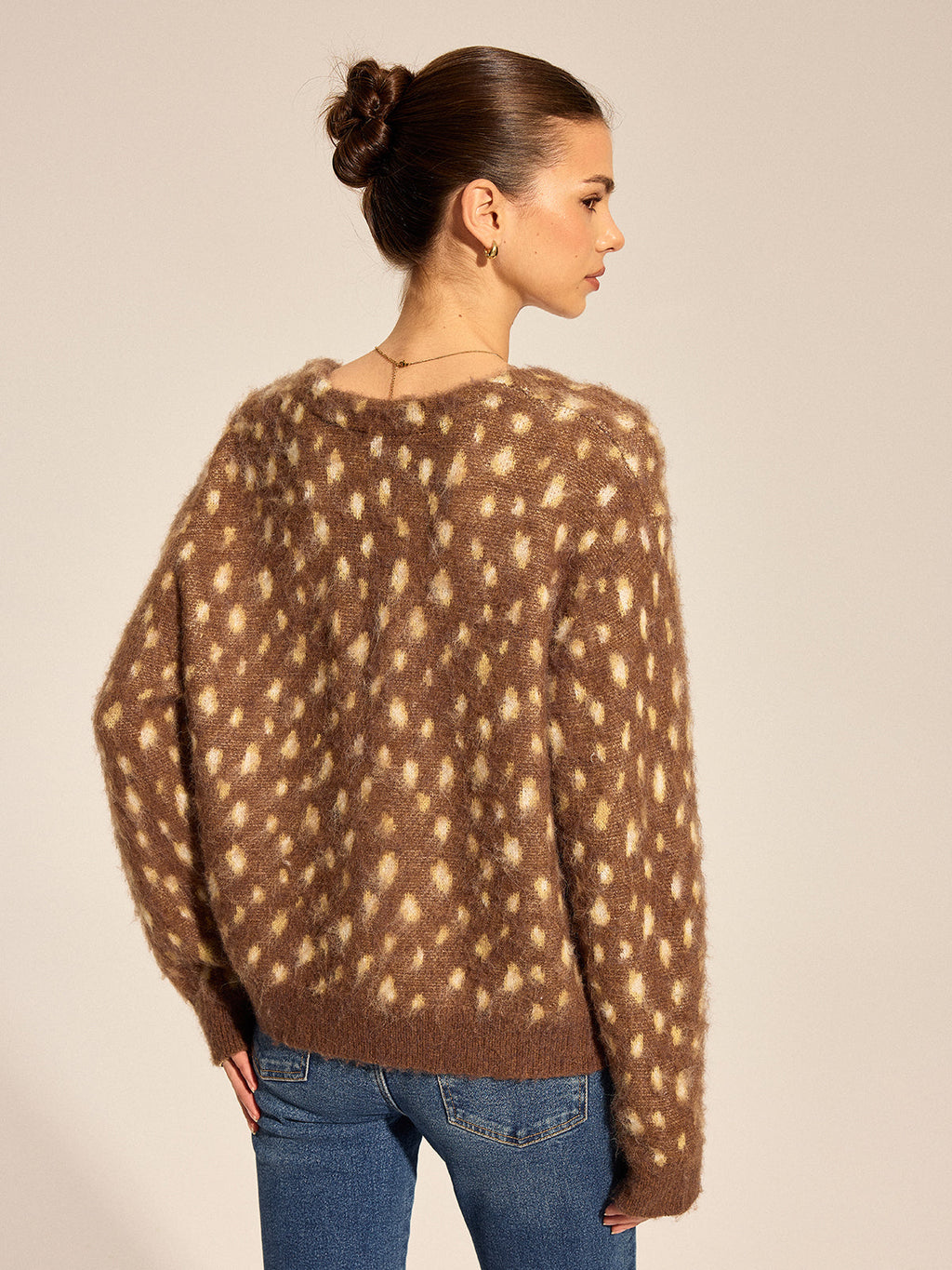 V Neck Spotted Fluffy Knit Cardigan