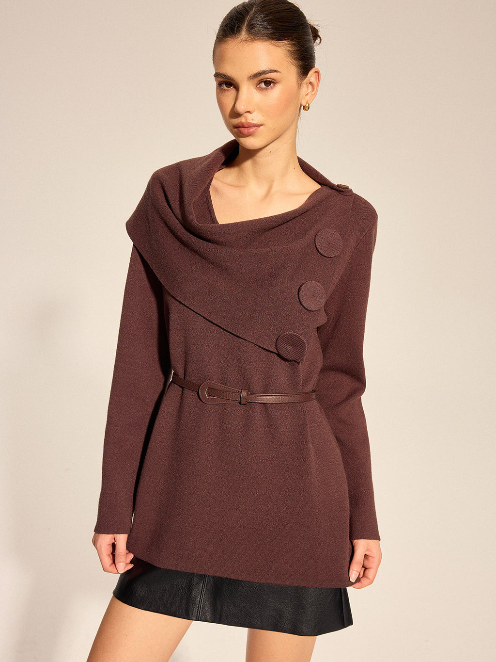 Cowl Neck Belted Knit Tunic