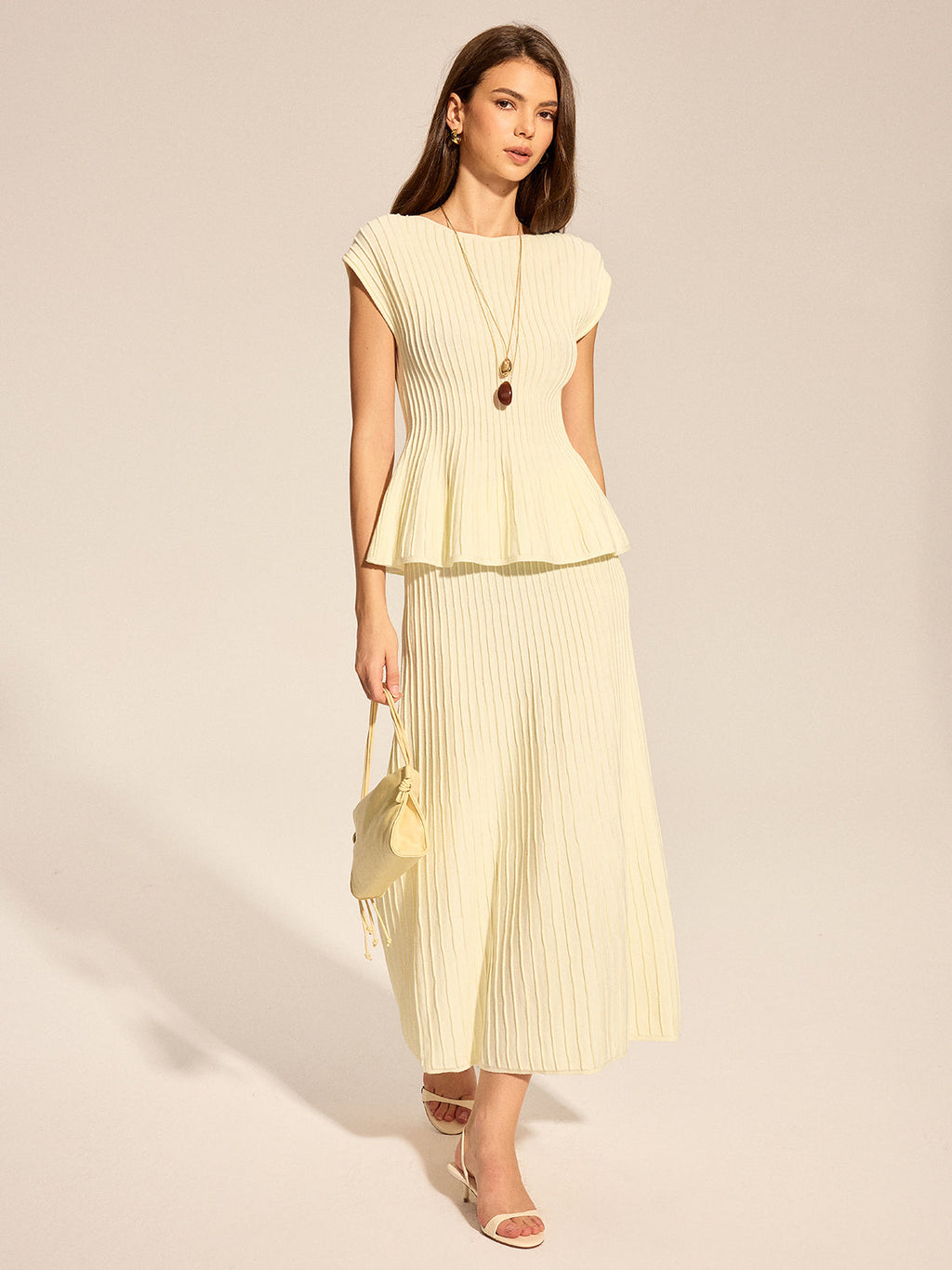 Rib Peplum Cap Sleeve Knit Two Piece Set