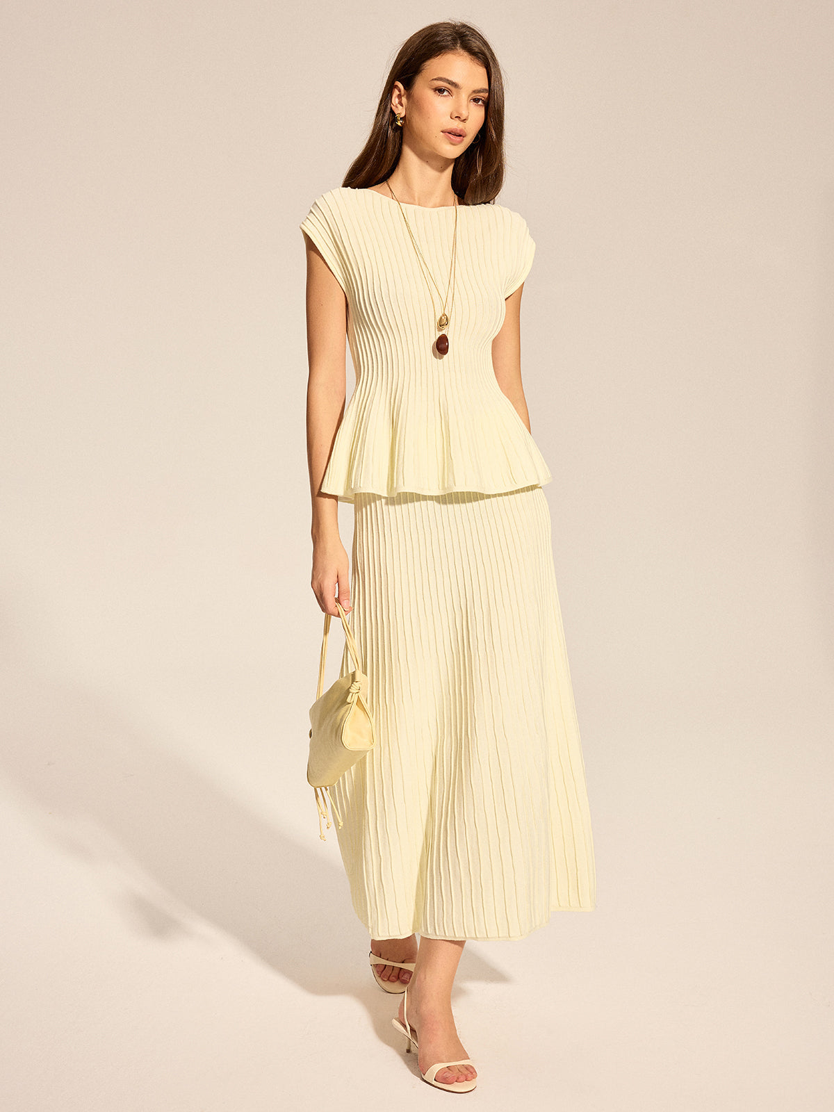 Rib Peplum Cap Sleeve Knit Two Piece Set