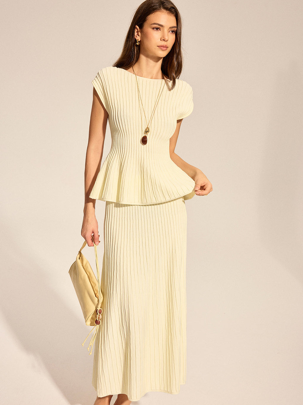 Rib Peplum Cap Sleeve Knit Two Piece Set