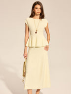 Rib Peplum Cap Sleeve Knit Two Piece Set