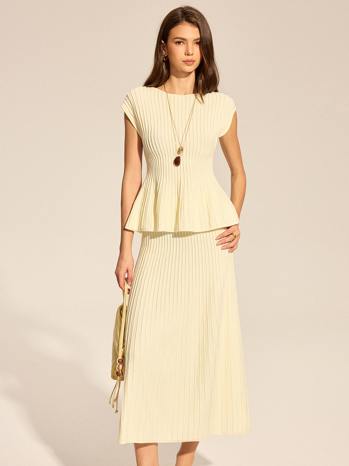 Rib Peplum Cap Sleeve Knit Two Piece Set