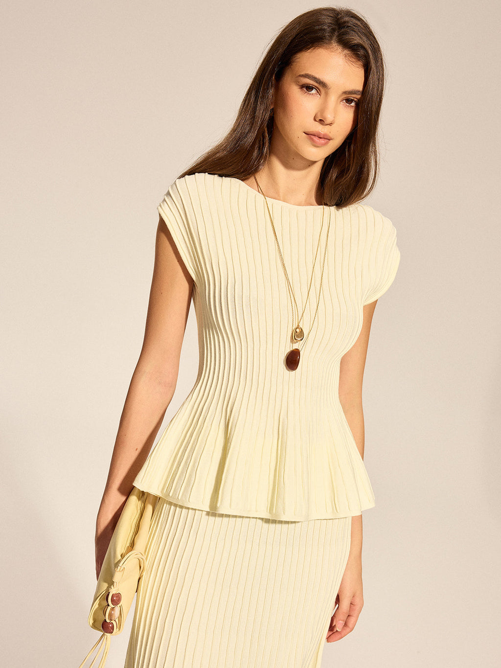 Rib Peplum Cap Sleeve Knit Two Piece Set