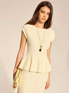 Rib Peplum Cap Sleeve Knit Two Piece Set