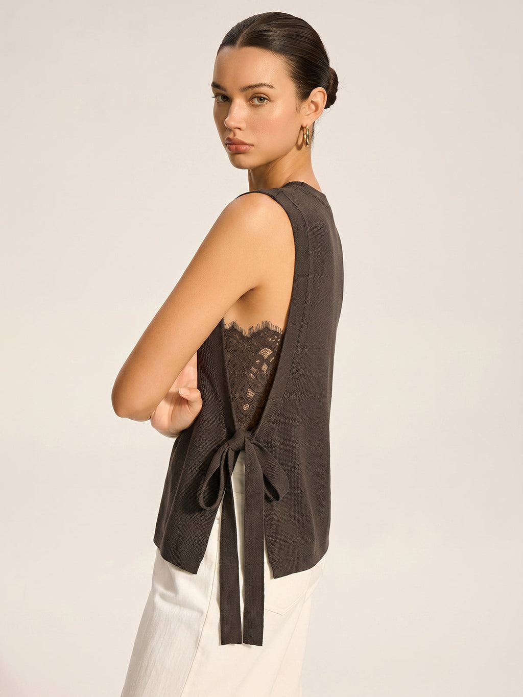 Side Tie Lace Panel Knit Sleeveless Vest