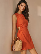 Side Cutout Ruched Sleeveless Cotton Mini Dress