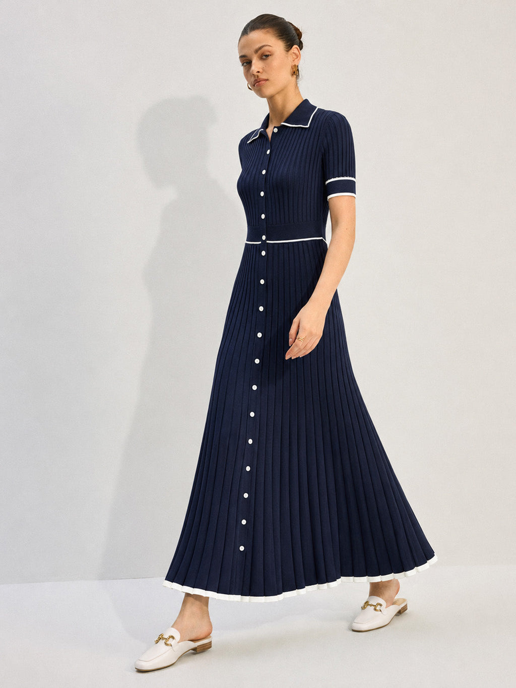 Contrast Piping Collared Rib Knit Midi Dress
