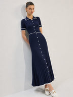 Contrast Piping Collared Rib Knit Midi Dress