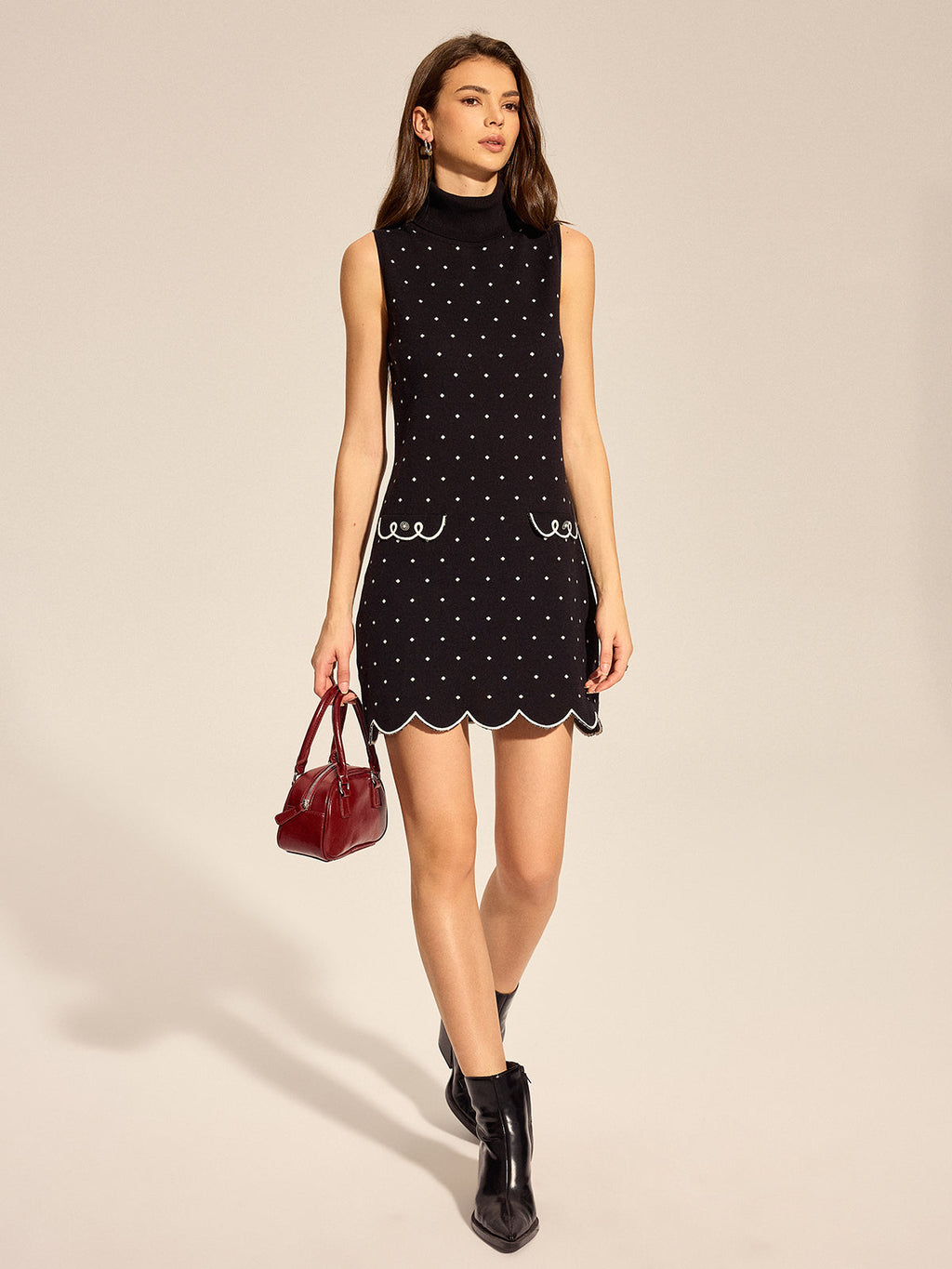 Polka Dot Scalloped Hem Knit Mini Dress