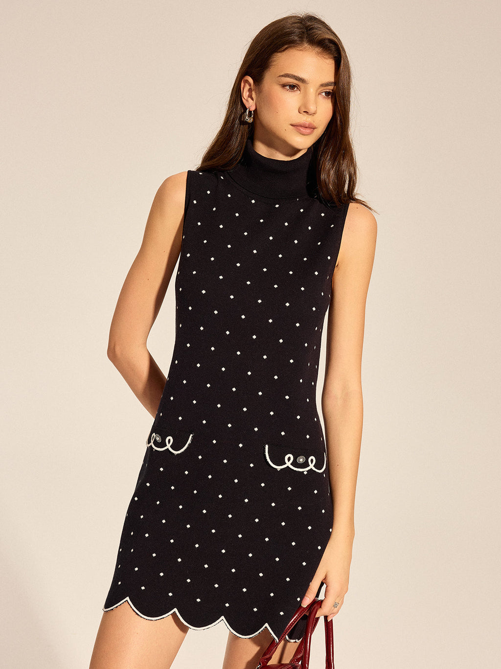 Polka Dot Scalloped Hem Knit Mini Dress