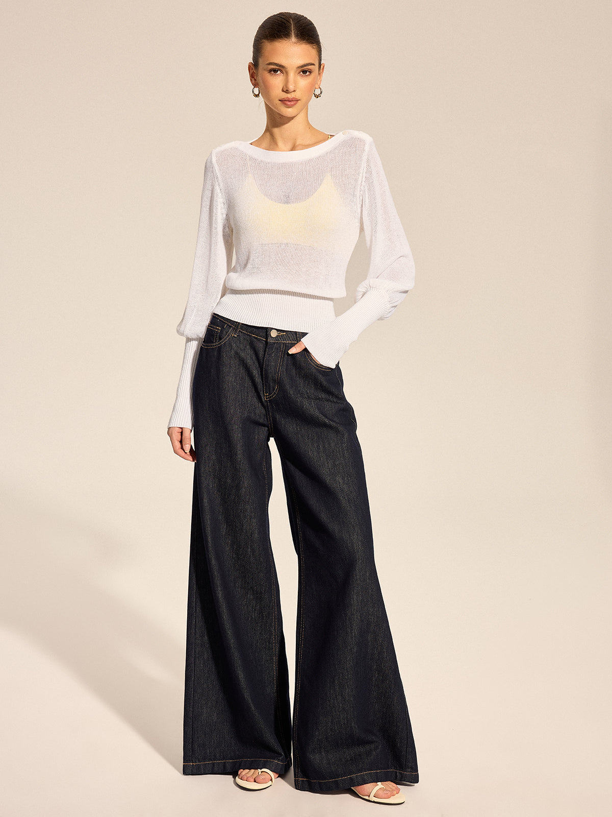 Sheer Puff Sleeve Knit Top